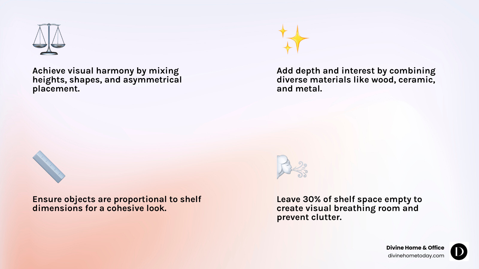 Infographic showing the four core principles of modern shelf styling: Balance through varied heights and asymmetrical placement, Texture through mixing materials like wood ceramic and metal, Scale through proportional object sizing relative to shelf dimensions, and Negative Space through leaving 30 percent of shelves empty for visual breathing room - modern shelf styling infographic 4_facts_emoji_light-gradient