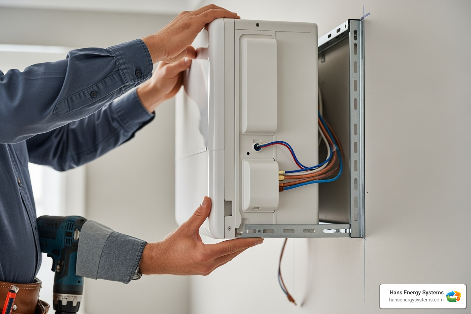 indoor unit being mounted to a wall bracket - Ductless mini split installation