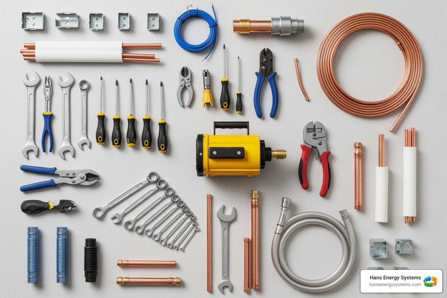 various tools and materials needed for installation laid out neatly - Ductless mini split installation