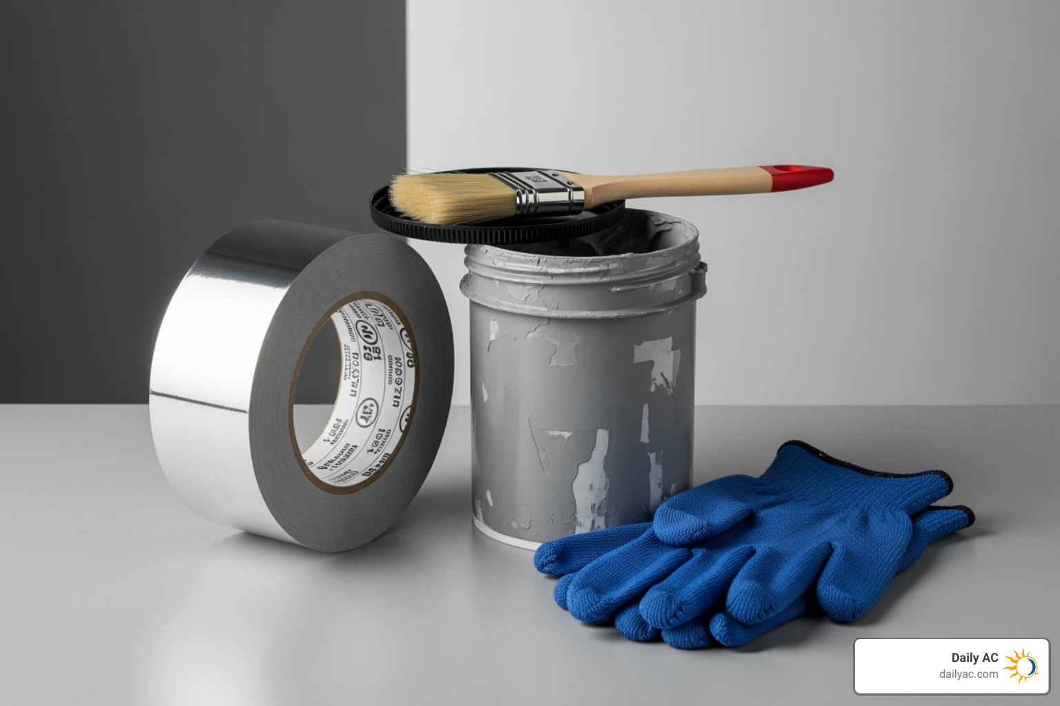 Duct sealing materials like mastic sealant and foil tape next to gloves and a brush - how to fix air duct leaks