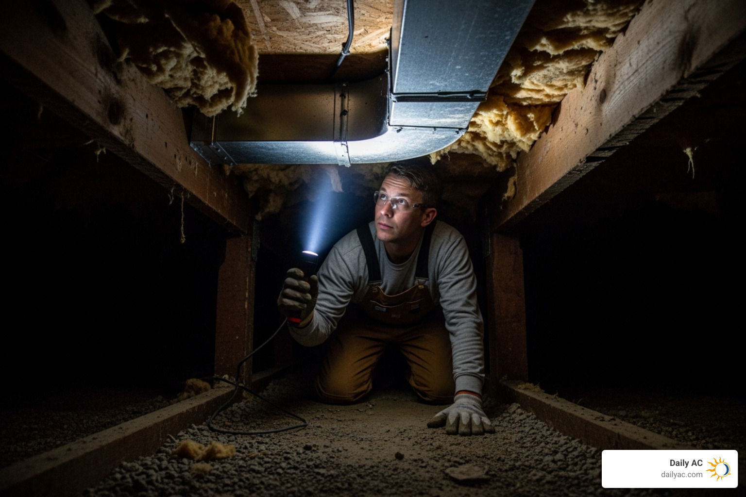 Person inspecting ductwork in a crawlspace with a flashlight - how to fix air duct leaks