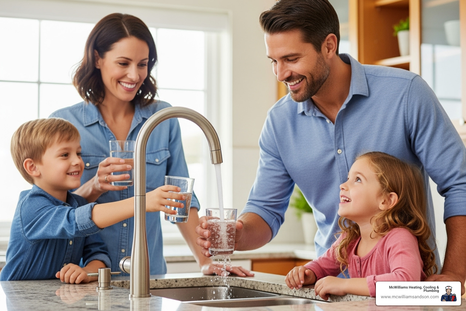 Image of a family enjoying clean water from a kitchen faucet - Repiping Services