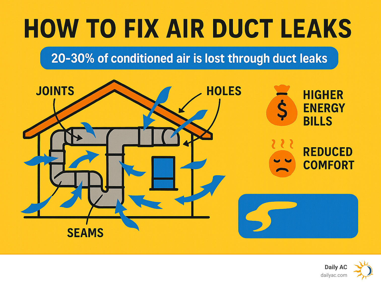 Infographic showing how 20-30% of conditioned air is lost through duct leaks, with arrows indicating air escaping from various points in a home's ductwork system including joints, seams, and holes, alongside icons representing higher energy bills and reduced comfort - how to fix air duct leaks infographic 