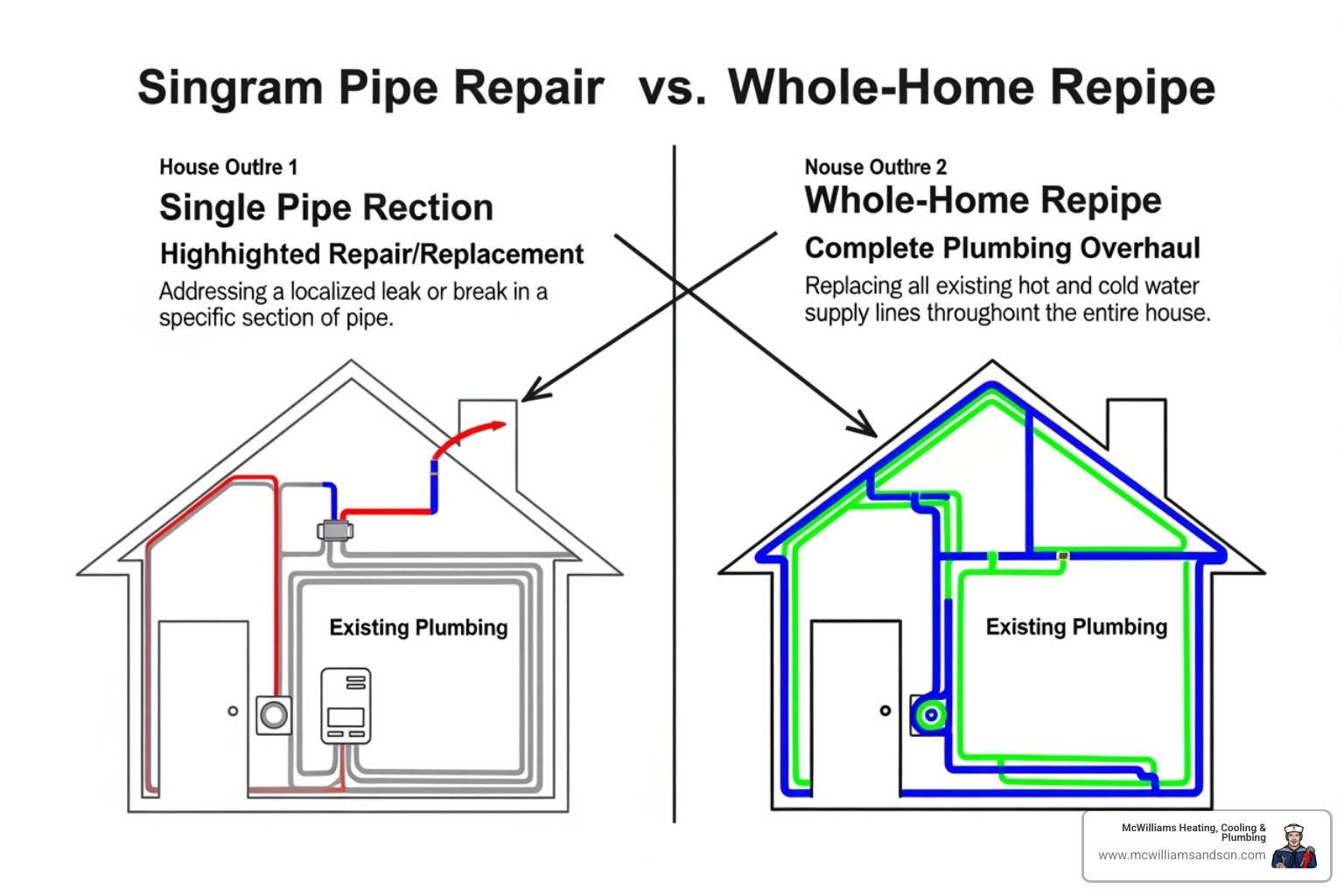 Diagram showing a single pipe repair vs. a whole-home repipe diagram - Repiping Services