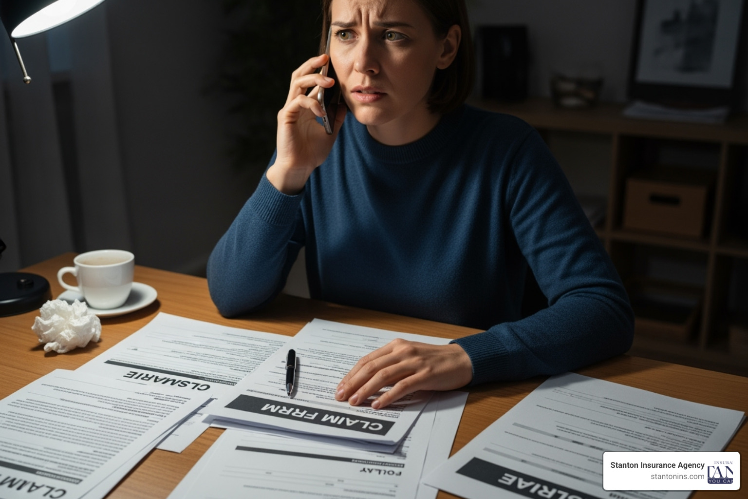 of a person on the phone looking stressed, with insurance documents on a desk - automobile diminished value claim of a person on the phone looking stressed, with insurance documents on a desk - automobile diminished value claim