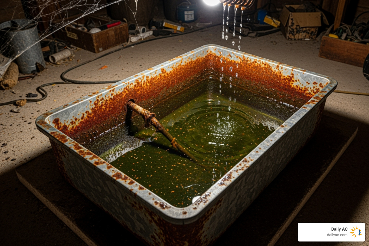 A full and rusty AC drain pan, indicating a clogged drain line - ac drain line repair