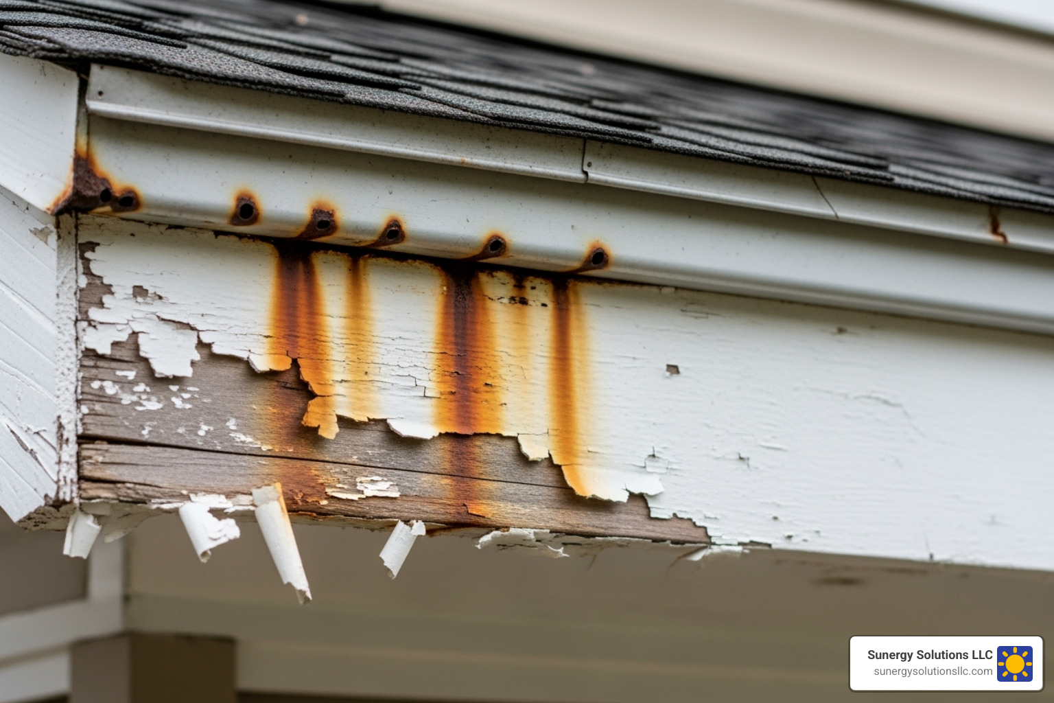 Image of a visibly damaged gutter with peeling paint on the fascia board of a US suburban house. - local gutter replacement