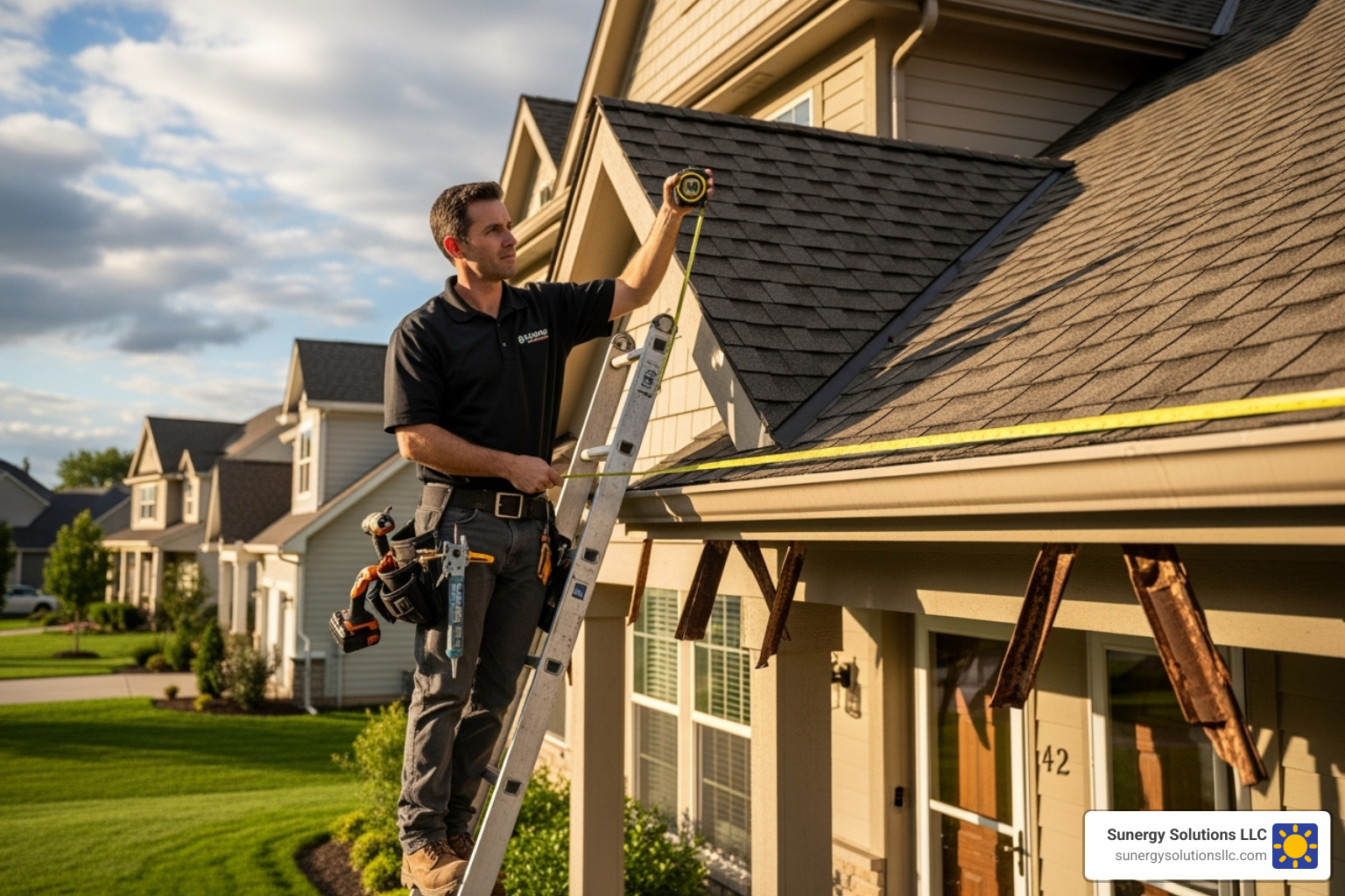 Image of a contractor measuring a roofline for a new gutter installation on a residential home in the US. - local gutter replacement