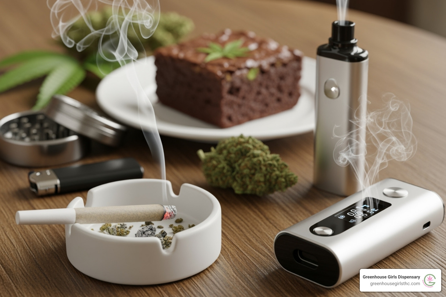 Various consumption methods like a joint, a dry herb vape, and a homemade edible - Hemp THCa flower