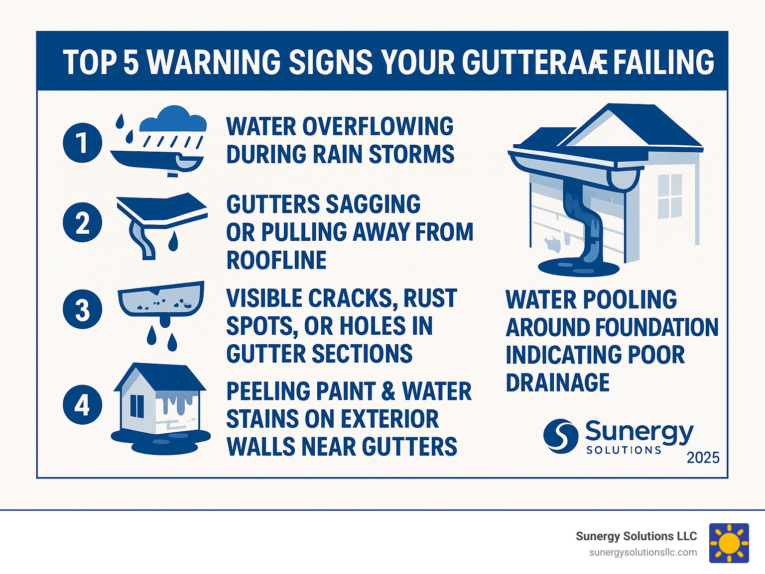 Infographic showing the top 5 warning signs your gutters are failing: 1) Water overflowing during rain storms, 2) Gutters sagging or pulling away from roofline with damaged hangers, 3) Visible cracks, rust spots, or holes in gutter sections, 4) Peeling paint and water stains on exterior walls near gutters, 5) Water pooling around foundation indicating poor drainage - local gutter replacement infographic 