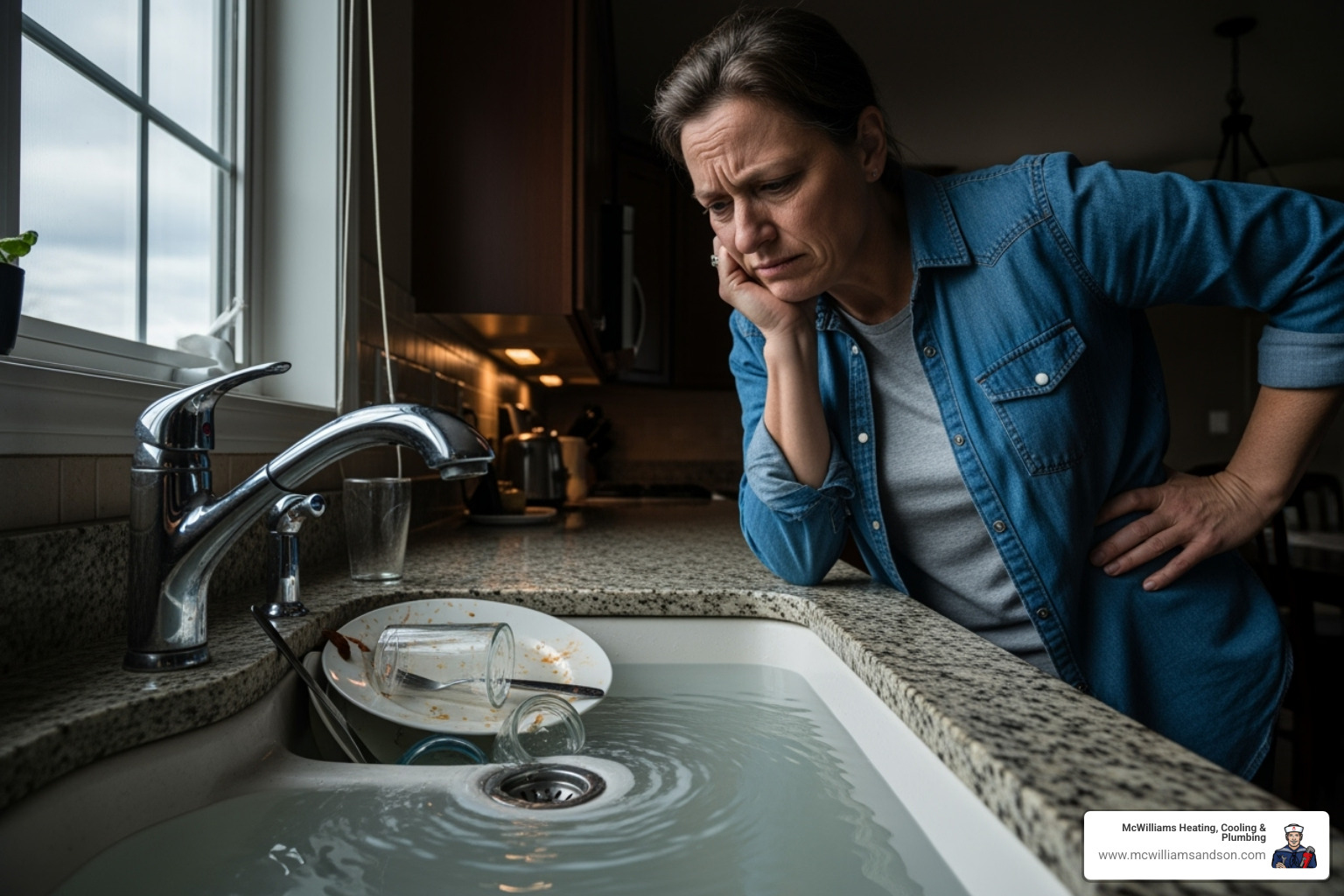 Homeowner looking frustrated at a slow-draining sink - hydro jetting plumber Homeowner looking frustrated at a slow-draining sink - hydro jetting plumber