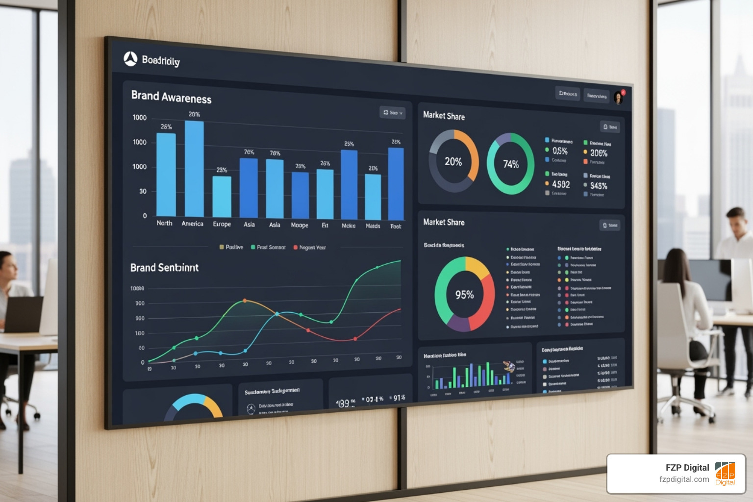 dashboard showing brand tracking KPIs like awareness and sentiment - brand identity design dashboard showing brand tracking KPIs like awareness and sentiment - brand identity design