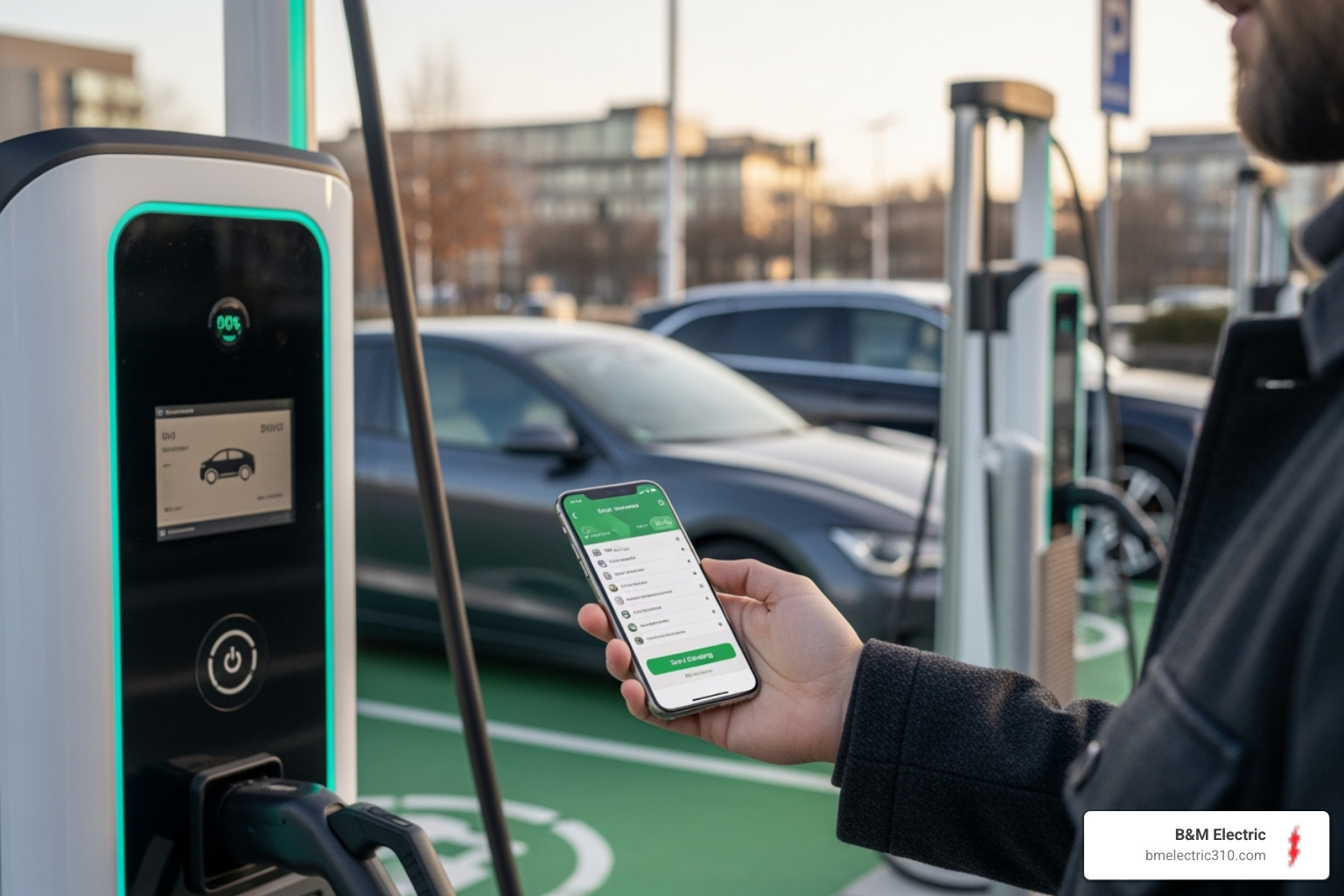 Person using smartphone app to activate an EV charger - electric car charger Torrance
