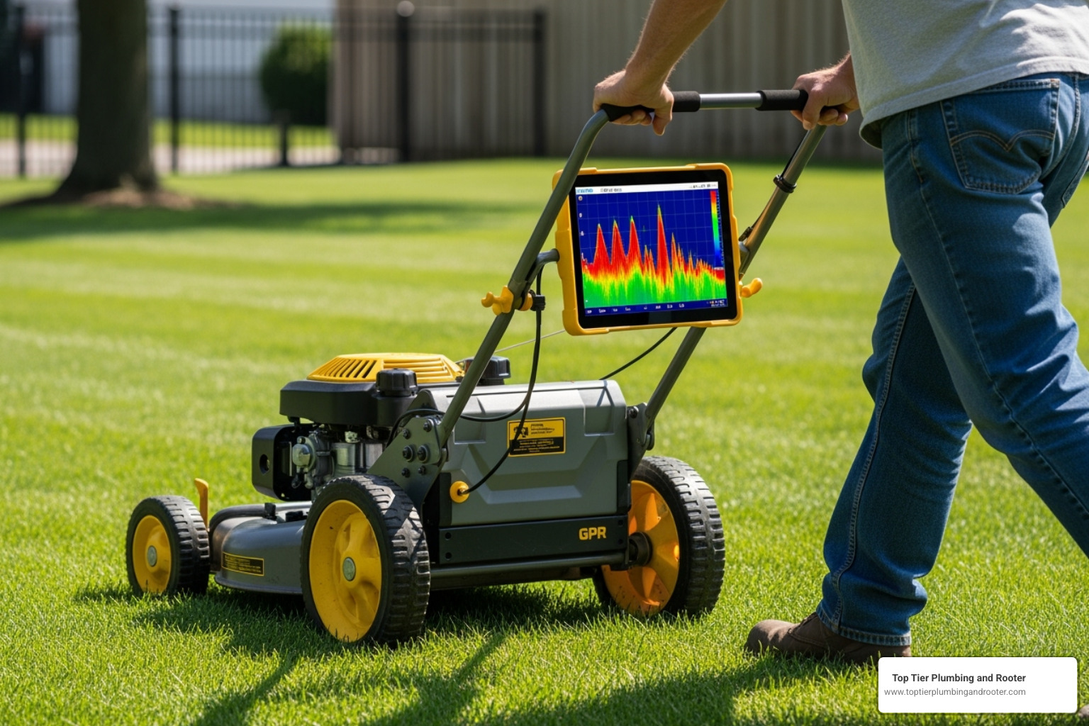 GPR unit being pushed across a lawn showing the screen with hyperbolic readings - gas line detection GPR unit being pushed across a lawn showing the screen with hyperbolic readings - gas line detection