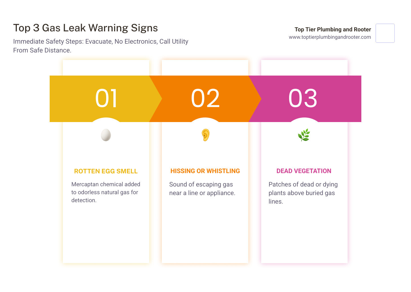 Infographic showing the top 3 warning signs of a gas leak: sulfur smell near gas appliances, hissing sounds from gas lines, and dead grass patches above buried pipes, plus immediate safety steps including evacuation, avoiding electronics, and calling utility company - Gas line repair Riverside infographic pillar-3-steps Infographic showing the top 3 warning signs of a gas leak: sulfur smell near gas appliances, hissing sounds from gas lines, and dead grass patches above buried pipes, plus immediate safety steps including evacuation, avoiding electronics, and calling utility company - Gas line repair Riverside infographic pillar-3-steps