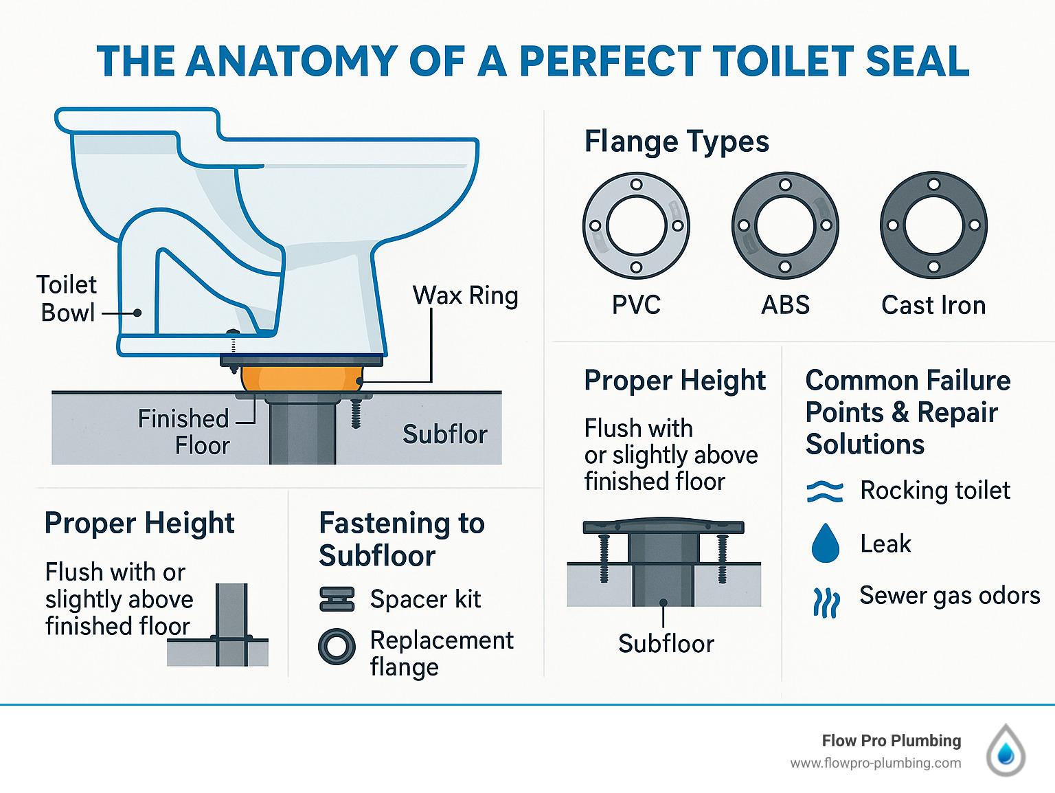Comprehensive infographic showing toilet flange anatomy with cross-section view of toilet bowl connected to wax ring, flange types (PVC, ABS, cast iron), proper height positioning relative to finished floor, fastening methods to subfloor, and common failure points with repair solutions - oakley toilet flange infographic Comprehensive infographic showing toilet flange anatomy with cross-section view of toilet bowl connected to wax ring, flange types (PVC, ABS, cast iron), proper height positioning relative to finished floor, fastening methods to subfloor, and common failure points with repair solutions - oakley toilet flange infographic