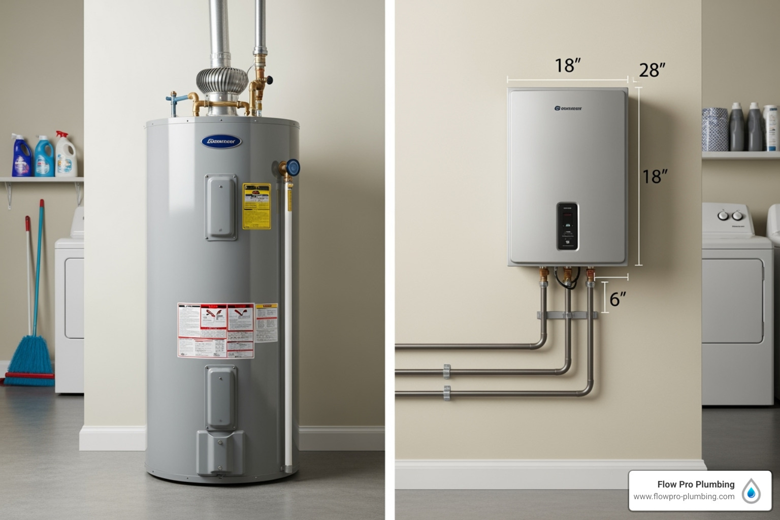IMAGE showing the size difference between a bulky traditional tank and a compact tankless unit - tankless water heater benefits IMAGE showing the size difference between a bulky traditional tank and a compact tankless unit - tankless water heater benefits