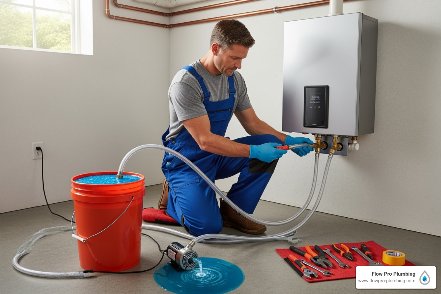 IMAGE of a technician performing a descaling flush on a tankless water heater - tankless water heater benefits IMAGE of a technician performing a descaling flush on a tankless water heater - tankless water heater benefits