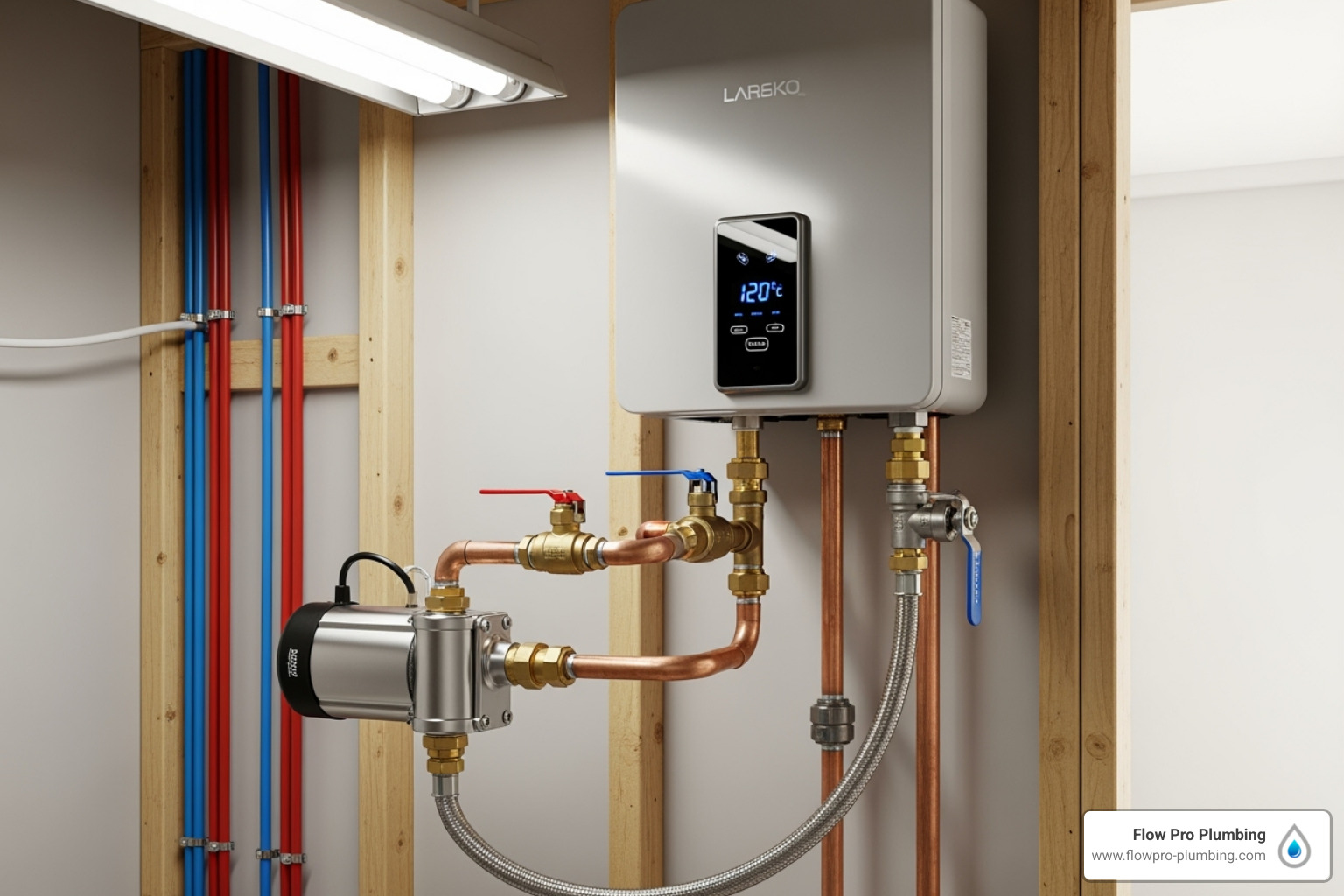 IMAGE of a recirculation pump connected to a tankless unit - tankless water heater benefits IMAGE of a recirculation pump connected to a tankless unit - tankless water heater benefits