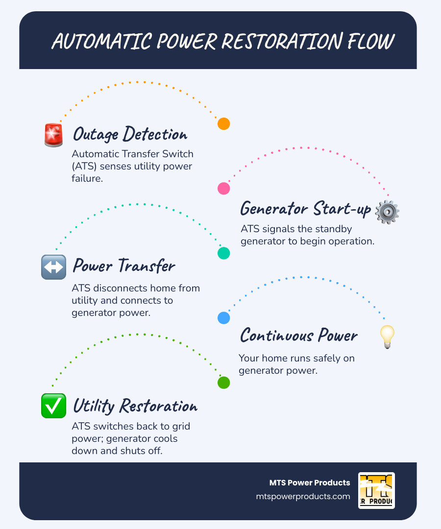 Infographic explaining the automatic power transfer process of a home generator with a transfer switch during an outage and restoration - home generator with transfer switch infographic infographic-line-5-steps-blues-accent_colors
