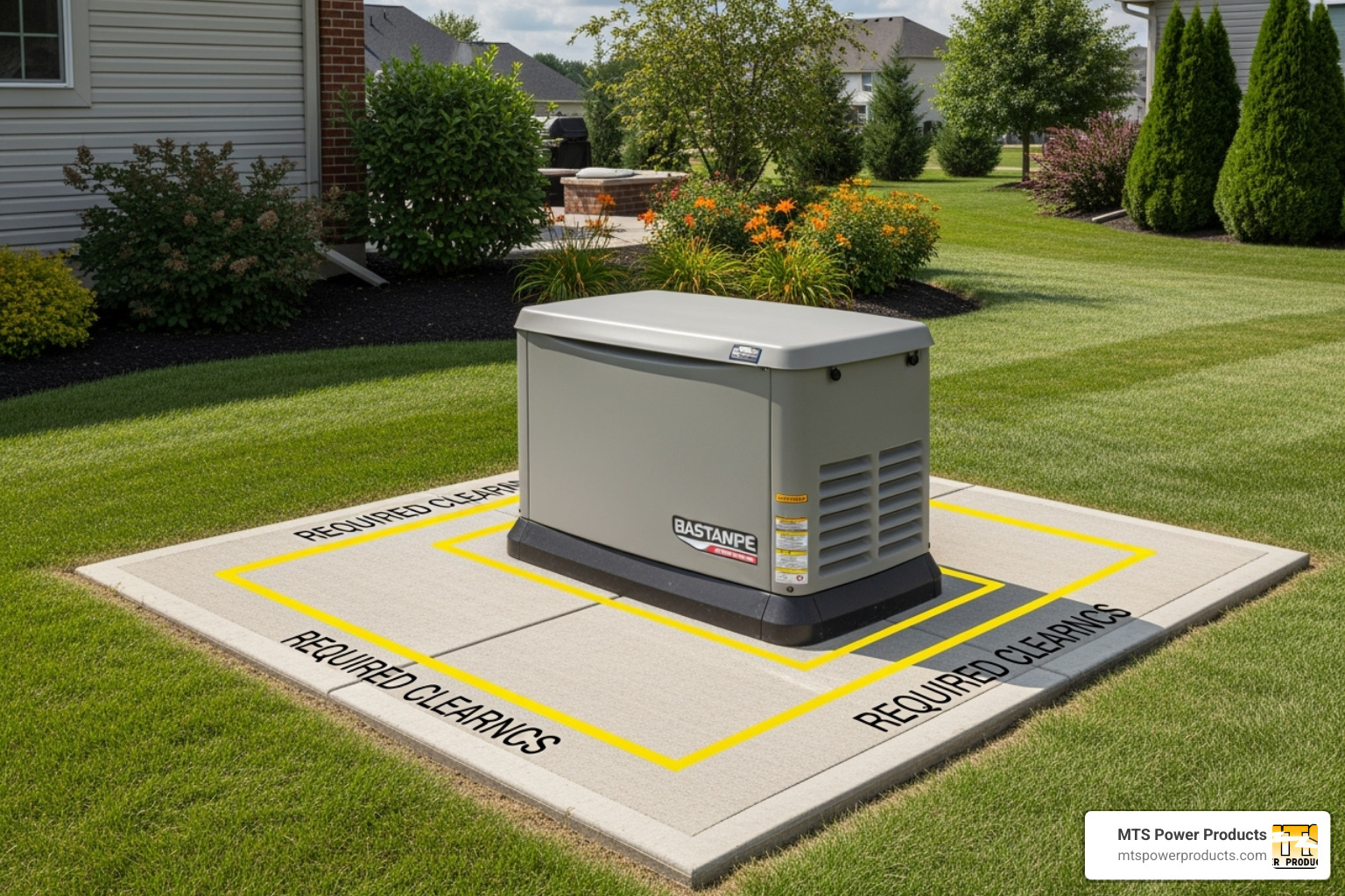 A generator on a concrete pad with proper clearances marked - home generator with transfer switch