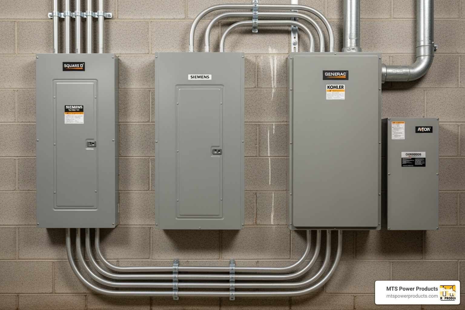 A whole-house 200A automatic transfer switch next to a main electrical panel - home generator with transfer switch