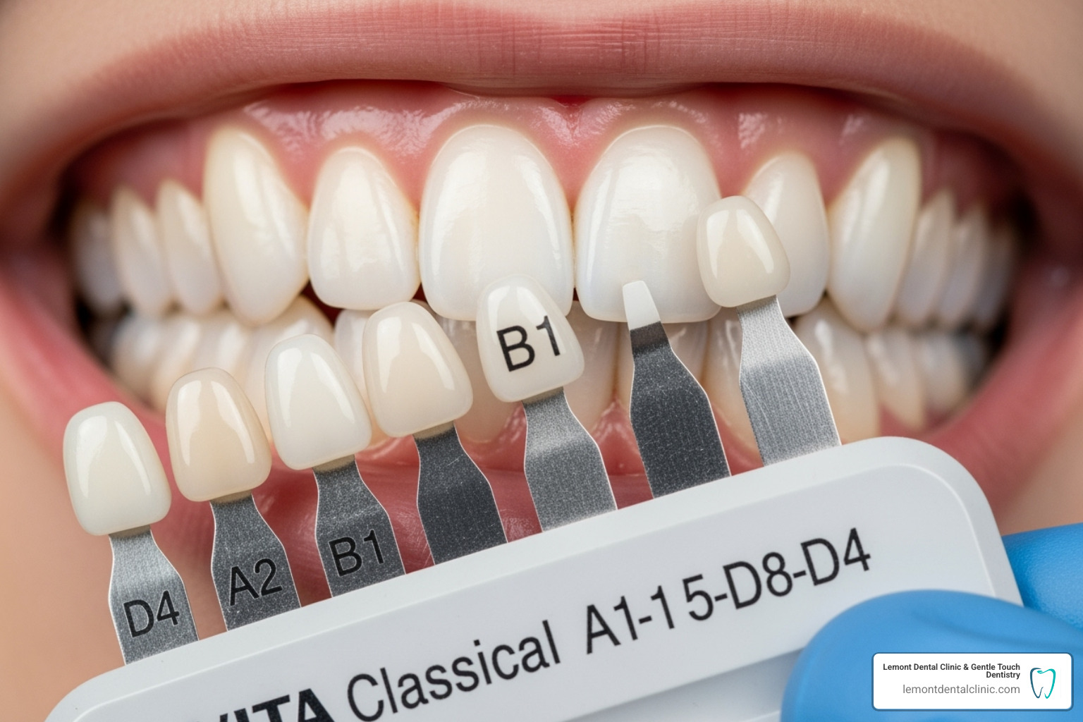Dental shade guide next to white teeth - cosmetic dentist palos hills il