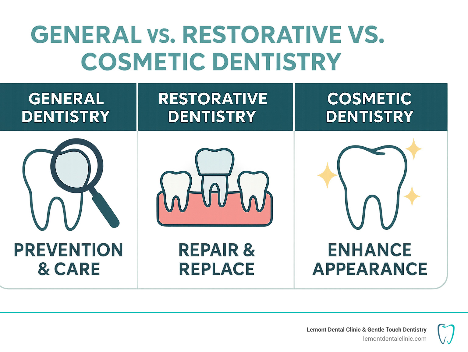 Infographic explaining the difference between General, Restorative, and Cosmetic Dentistry - cosmetic dentist palos hills il infographic 