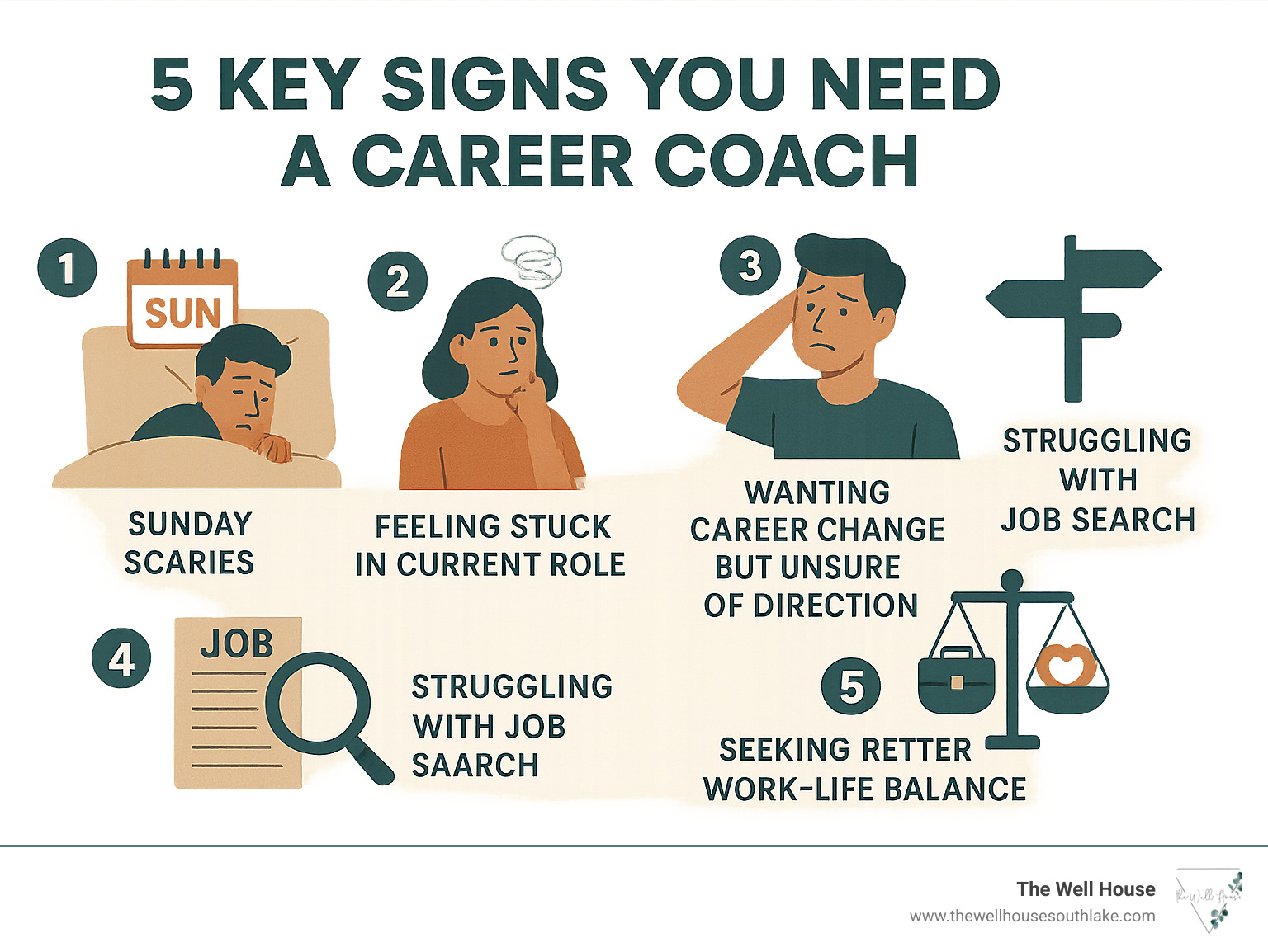 Infographic showing 5 key signs you might need a career coach: Sunday Scaries, feeling stuck in current role, wanting career change but unsure of direction, struggling with job search, seeking better work-life balance - career coaching services near me infographic 