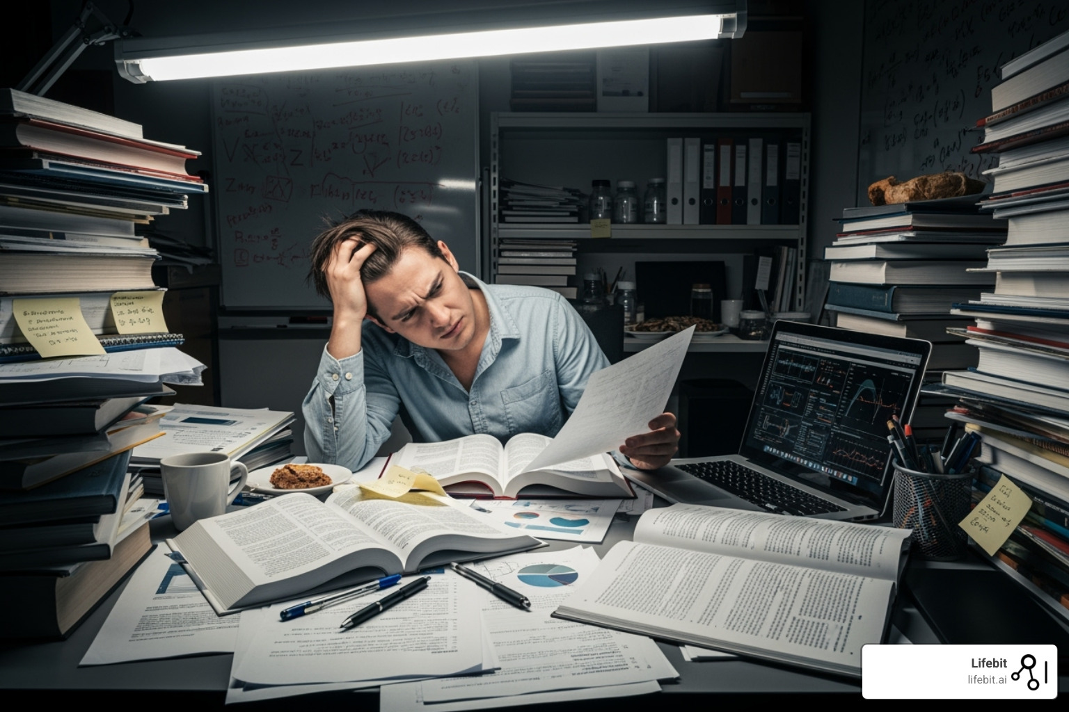 Frustrated researcher looking at piles of paperwork - AI clinical trial recruitment