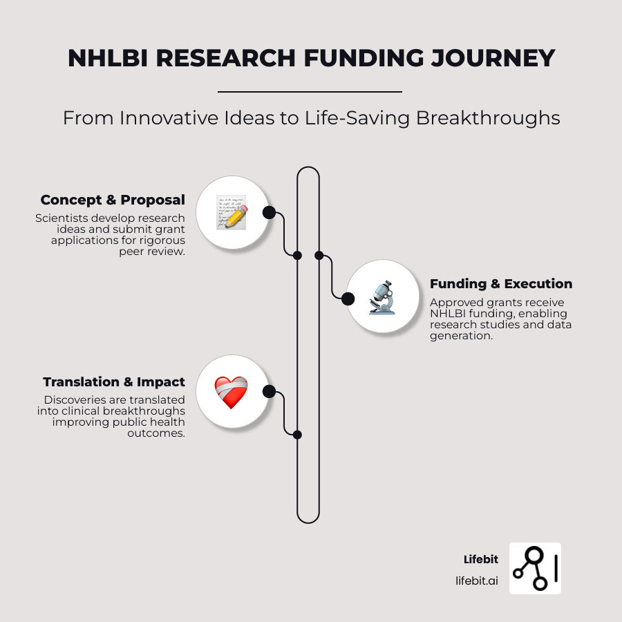 Comprehensive infographic showing NHLBI funding lifecycle from initial research idea through grant application, peer review process, award notification, research execution, data generation, and ultimate translation to clinical breakthroughs, with specific focus on heart, lung, blood and sleep disorder research pathways - NHLBI infographic infographic-line-3-steps-neat_beige