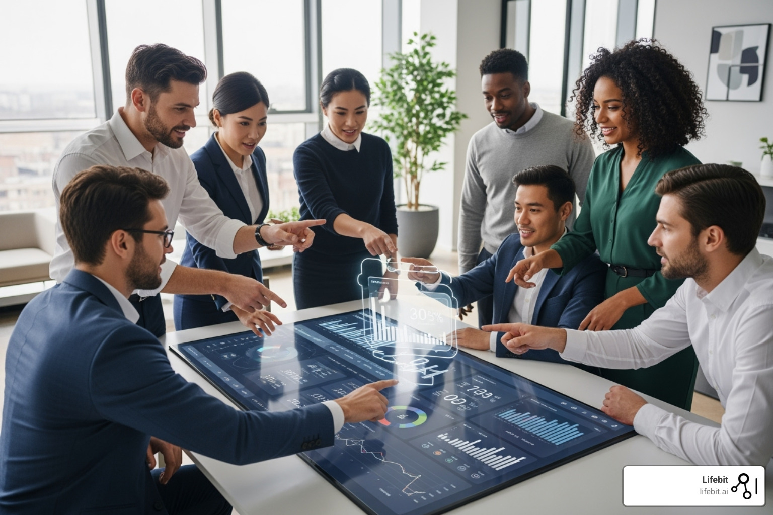 Image of a diverse team collaborating around a large dashboard displaying unified data insights and analytics - Data integration platform