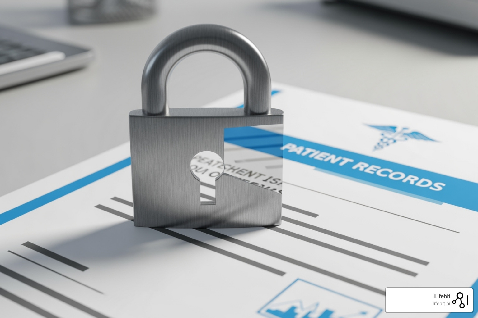 A padlock icon over a medical record, symbolizing data security - health information