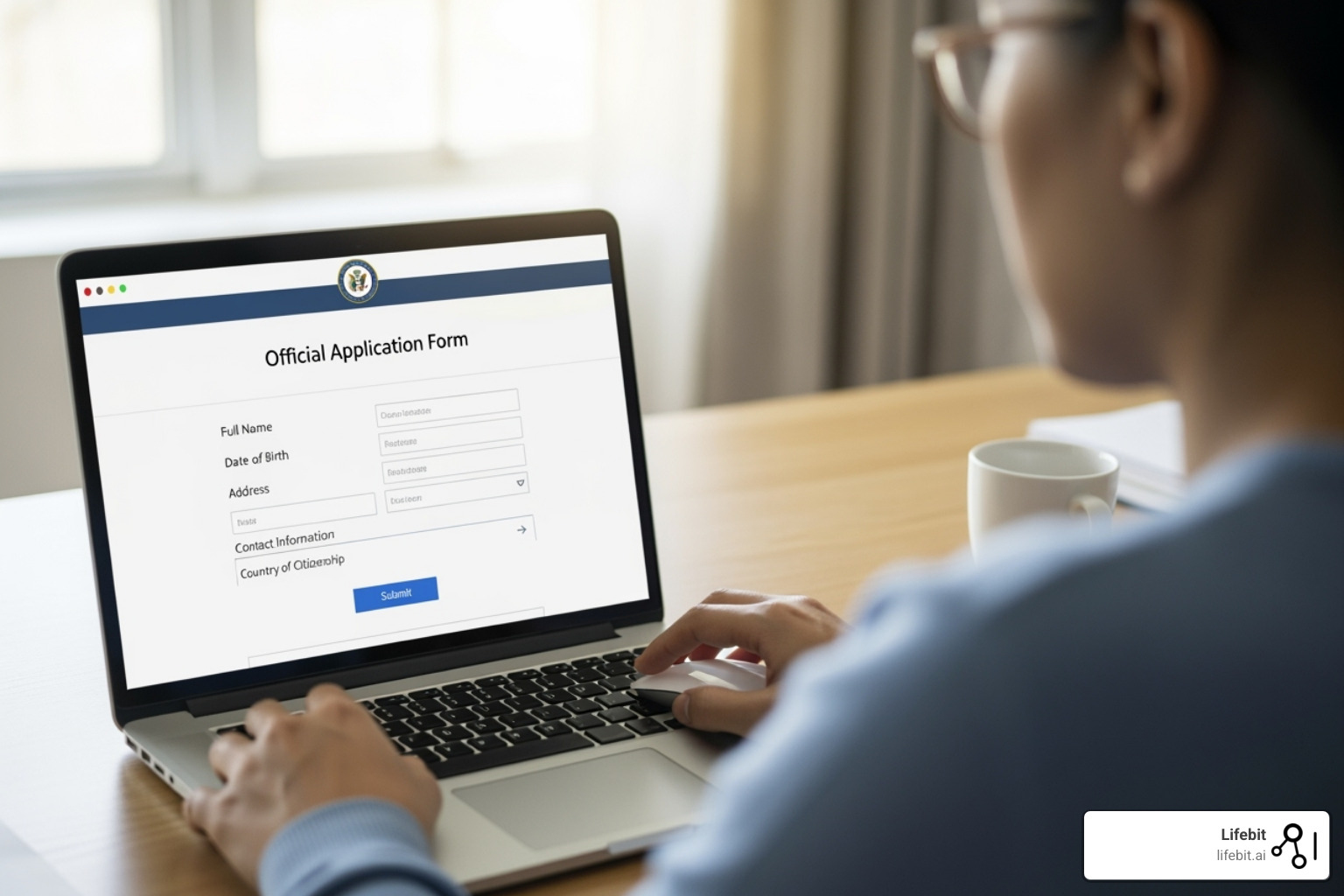 Person filling out a form on a laptop with the VA.gov website visible - Veterans Affairs