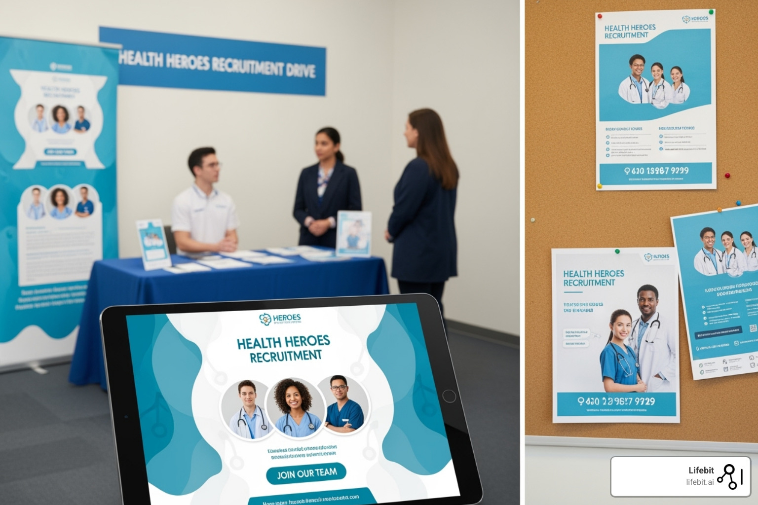 Multi-channel recruitment campaign showing digital ads, doctor's office flyers, and community events - clinical trial patient recruitment