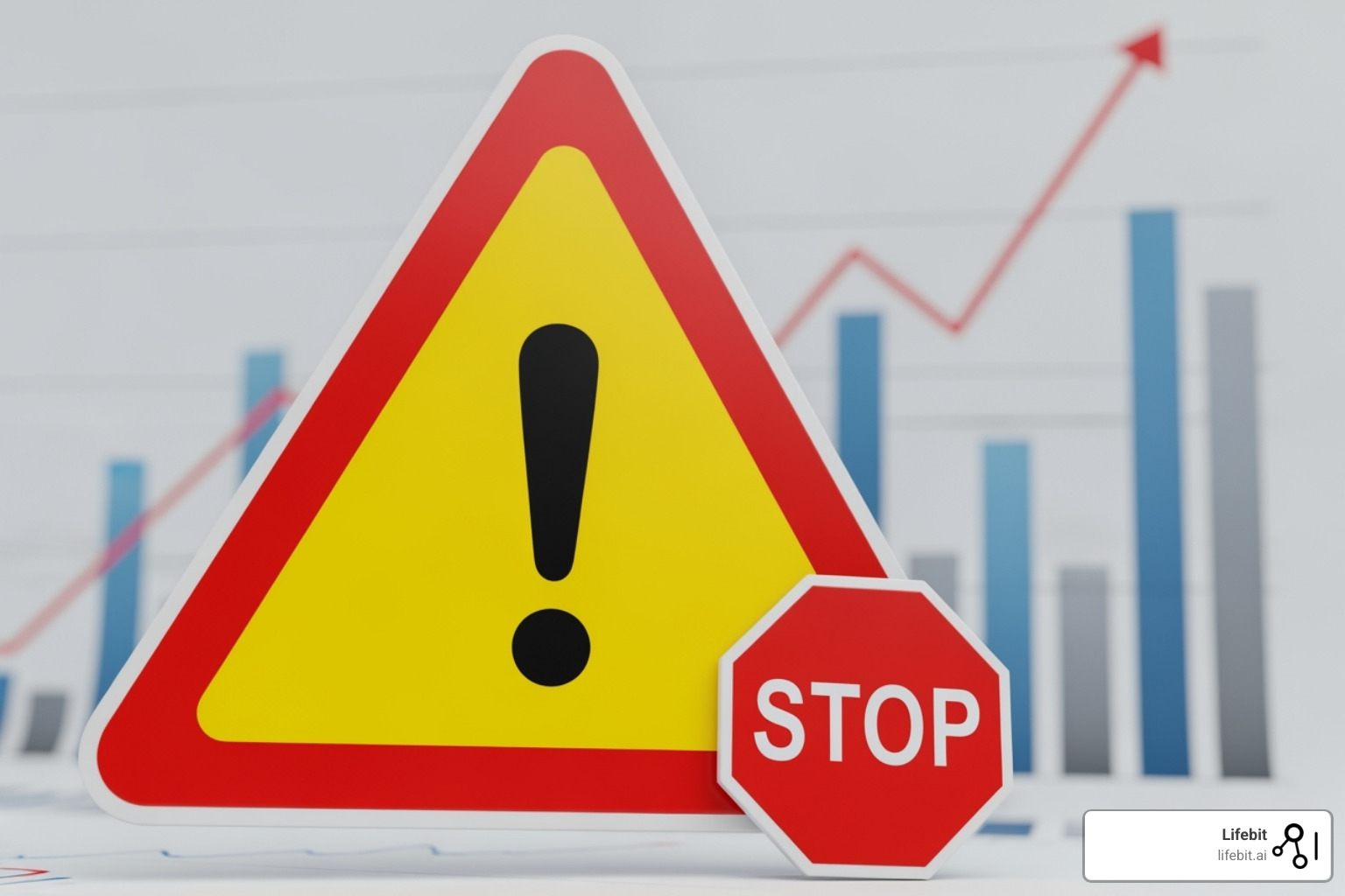 Image of a warning sign over a generic analytics graph - HIPAA compliant data analytics