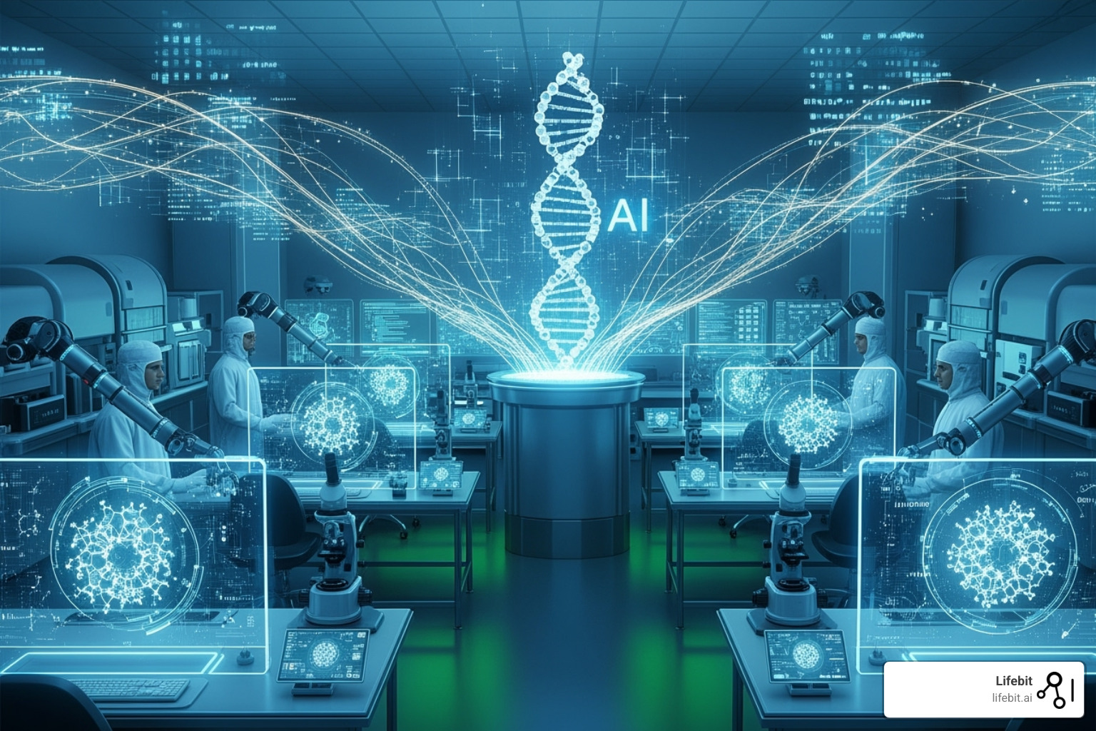The drug findy pipeline with AI tools highlighted at each stage - AI-powered drug findy