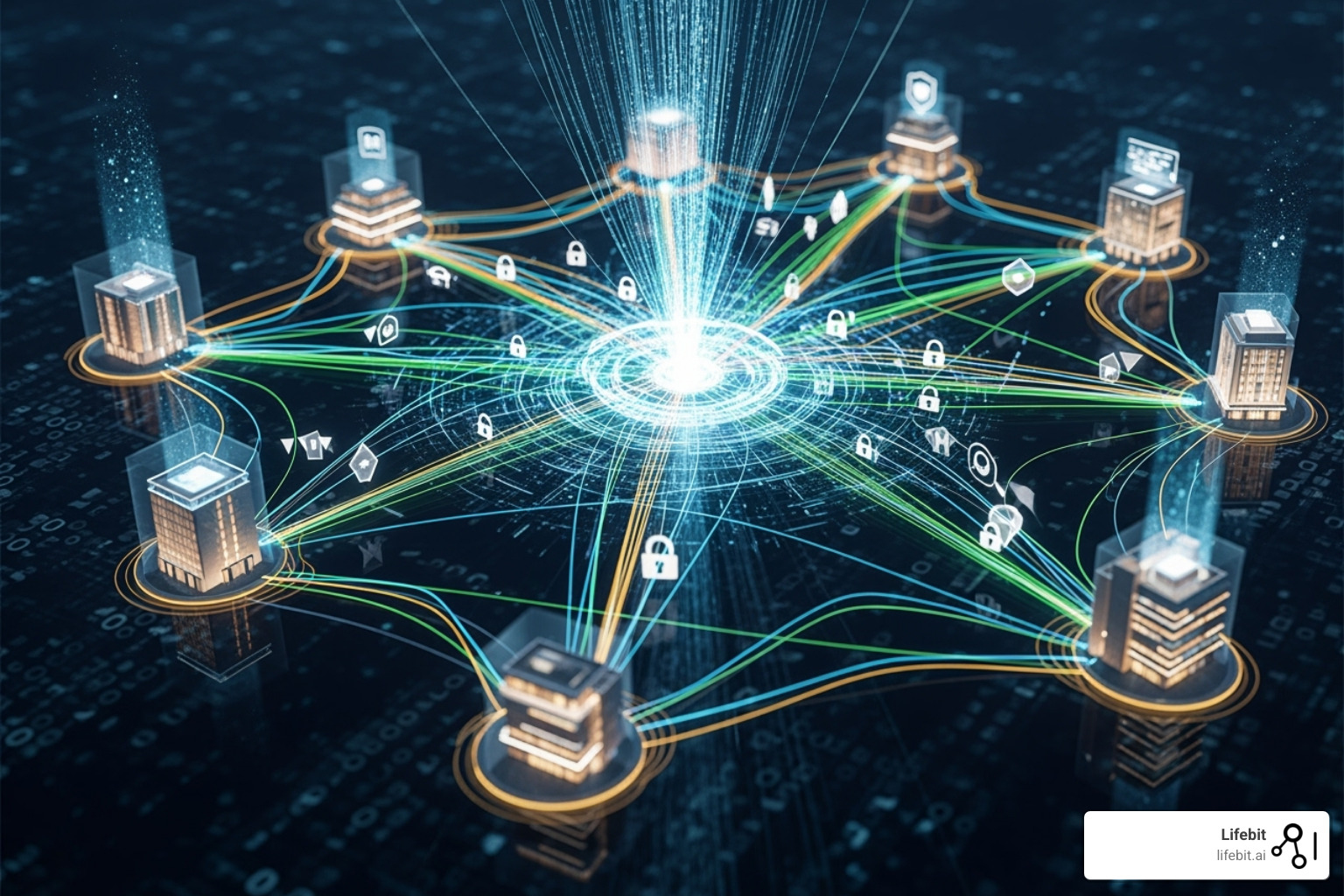 Federated data network diagram connecting different research institutions securely - Common Fund