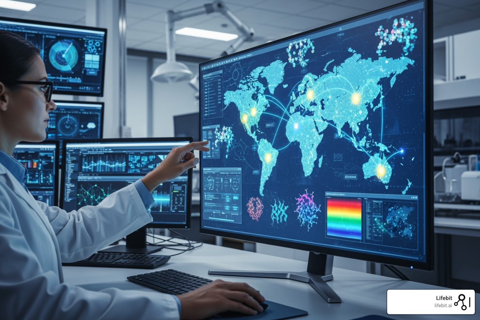 Scientist interacting with a computer screen displaying a federated platform for drug findy, with data points distributed globally - Decentralized AI platform