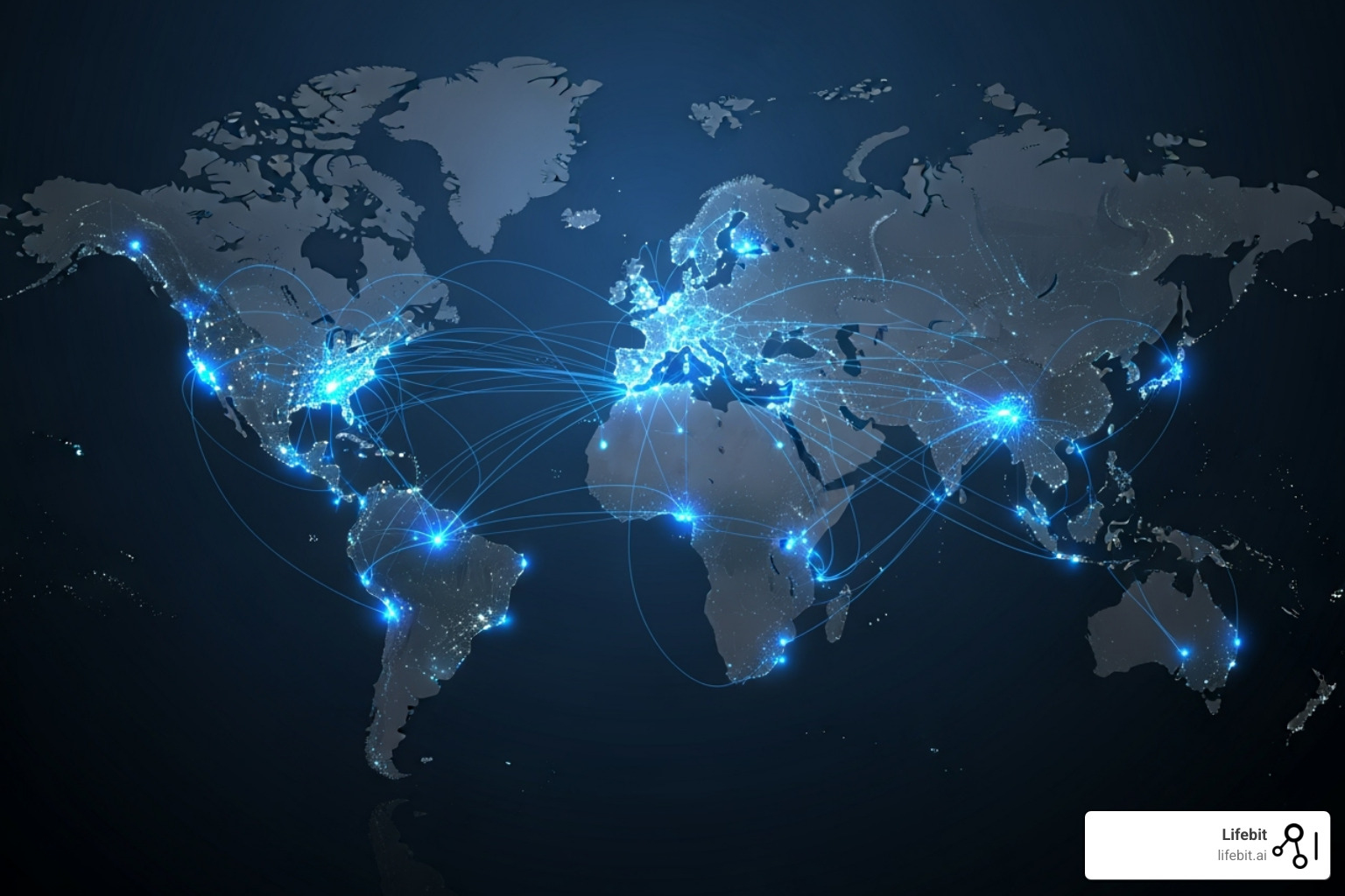 A world map with interconnected nodes representing global research collaboration, highlighting key regions like North America, Europe, and Asia - Clinical research infrastructure