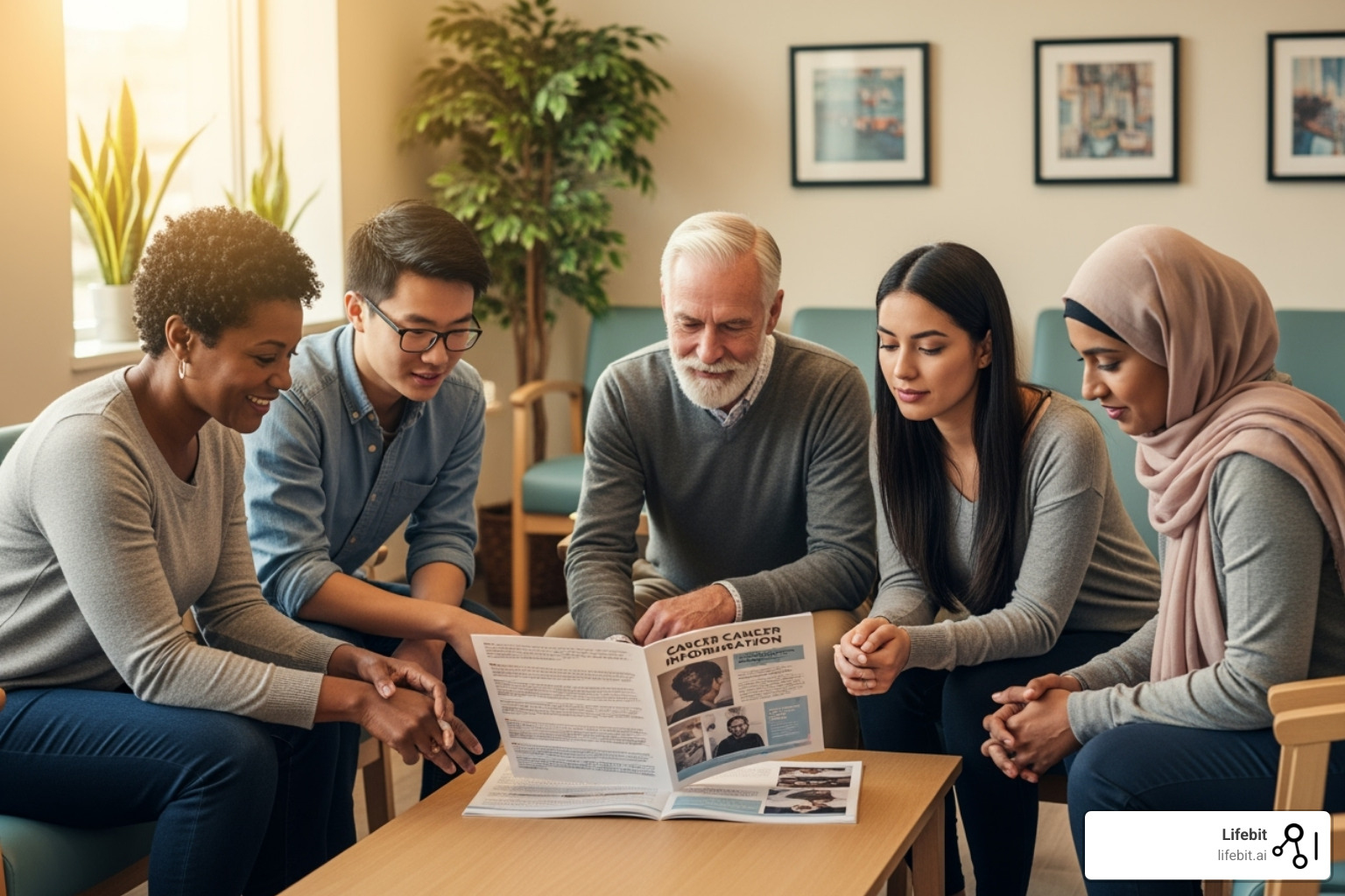 A diverse group of people reviewing a cancer information brochure - NCI