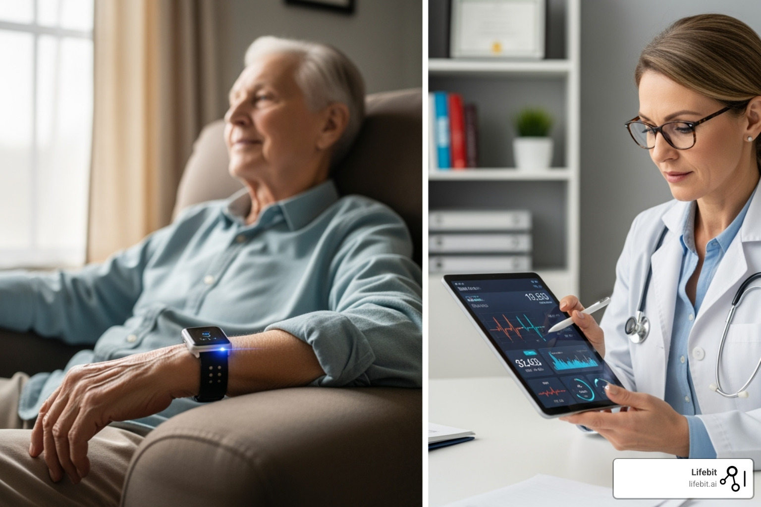 A patient using a wearable device for a decentralized clinical trial at home, with a doctor monitoring data on a tablet - Clinical research infrastructure