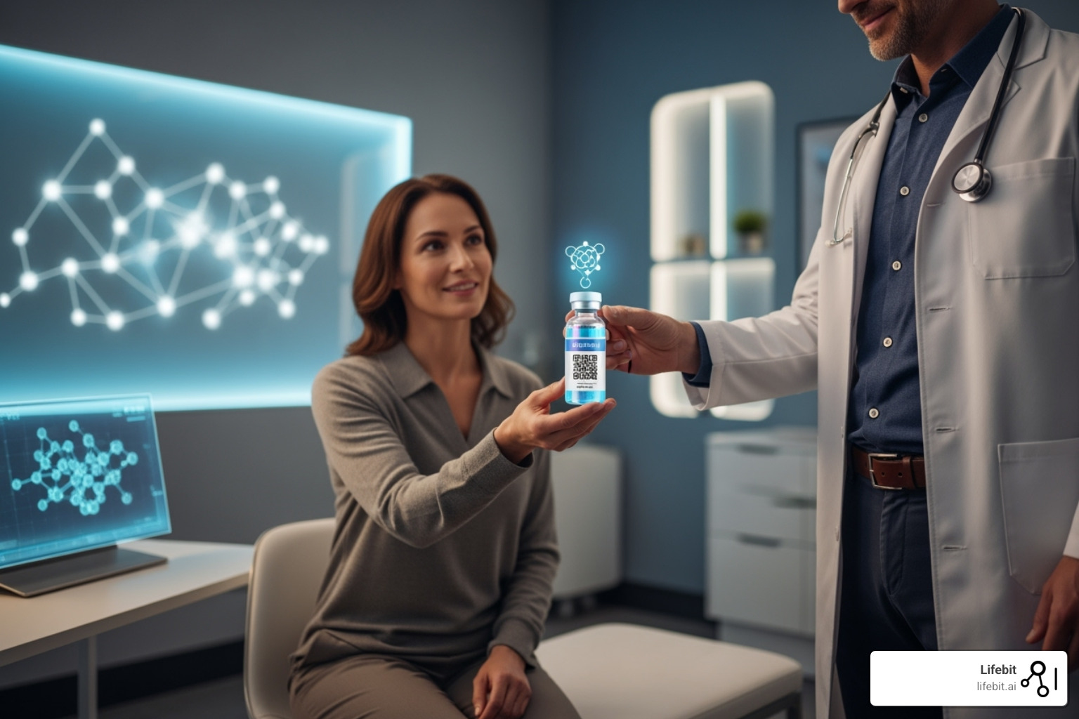 Patient receiving personalized medicine vial designed by AI - AI-driven drug findy