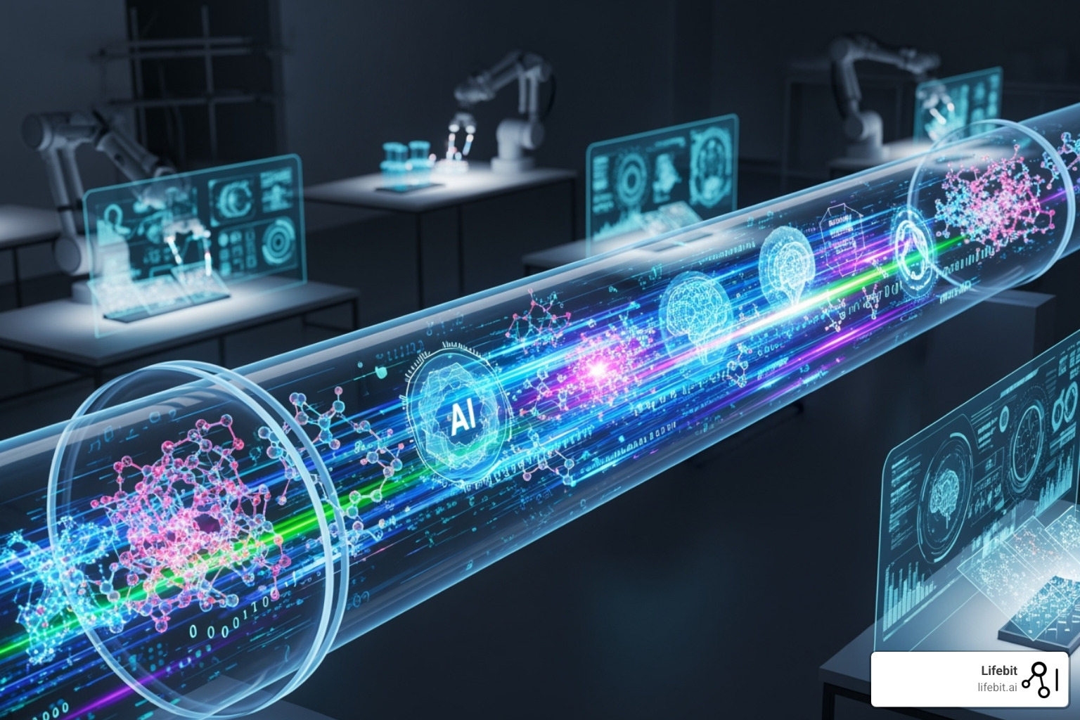 Drug findy pipeline with AI icons - AI-driven drug findy