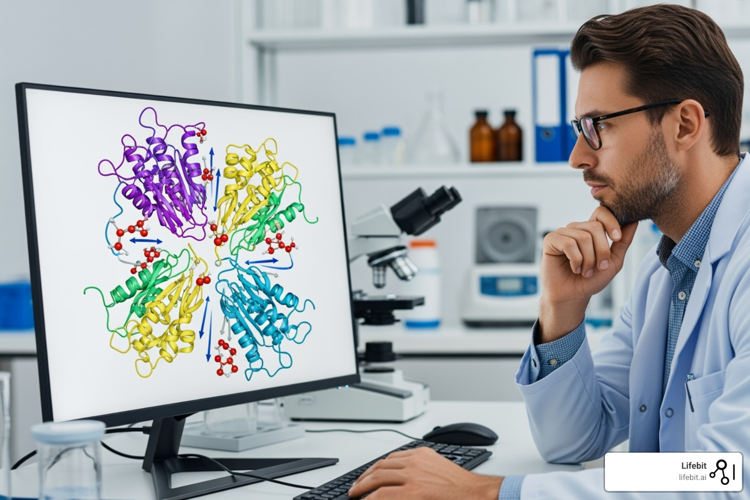 Scientist observing molecular binding on screen - AI-driven drug findy