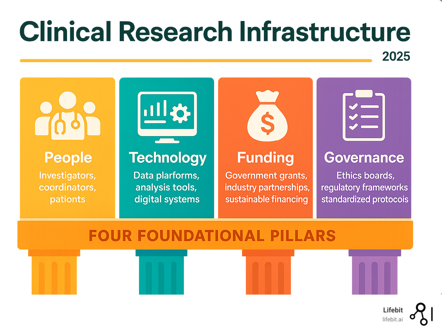 Infographic showing the four foundational pillars of modern clinical research infrastructure: People (investigators, coordinators, patients), Technology (data platforms, analysis tools, digital systems), Funding (government grants, industry partnerships, sustainable financing), and Governance (ethics boards, regulatory frameworks, standardized protocols) - Clinical research infrastructure infographic 