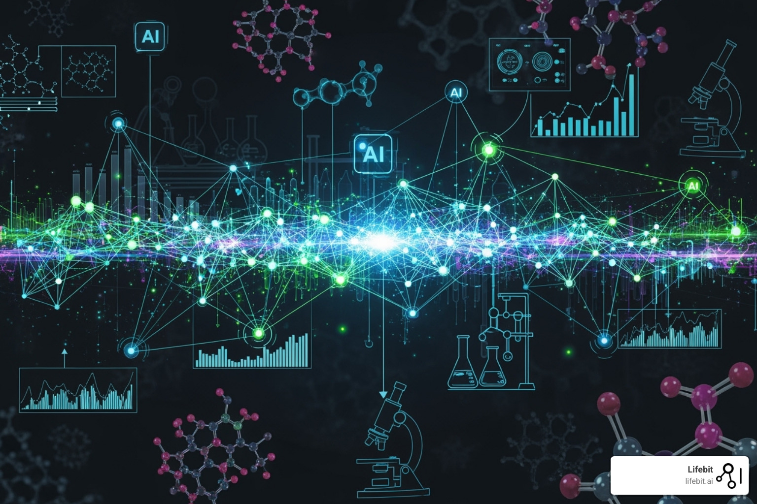 a connected network showing AI models influencing each stage of drug findy - end to end drug findy
