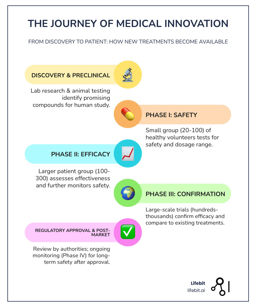 Infographic showing the clinical research journey from laboratory findy through preclinical studies, Phase I safety testing, Phase II efficacy evaluation, Phase III large-scale trials, regulatory approval, and Phase IV post-market monitoring, with icons representing each stage and participant numbers growing from dozens to thousands - clinical research infographic infographic-line-5-steps-colors