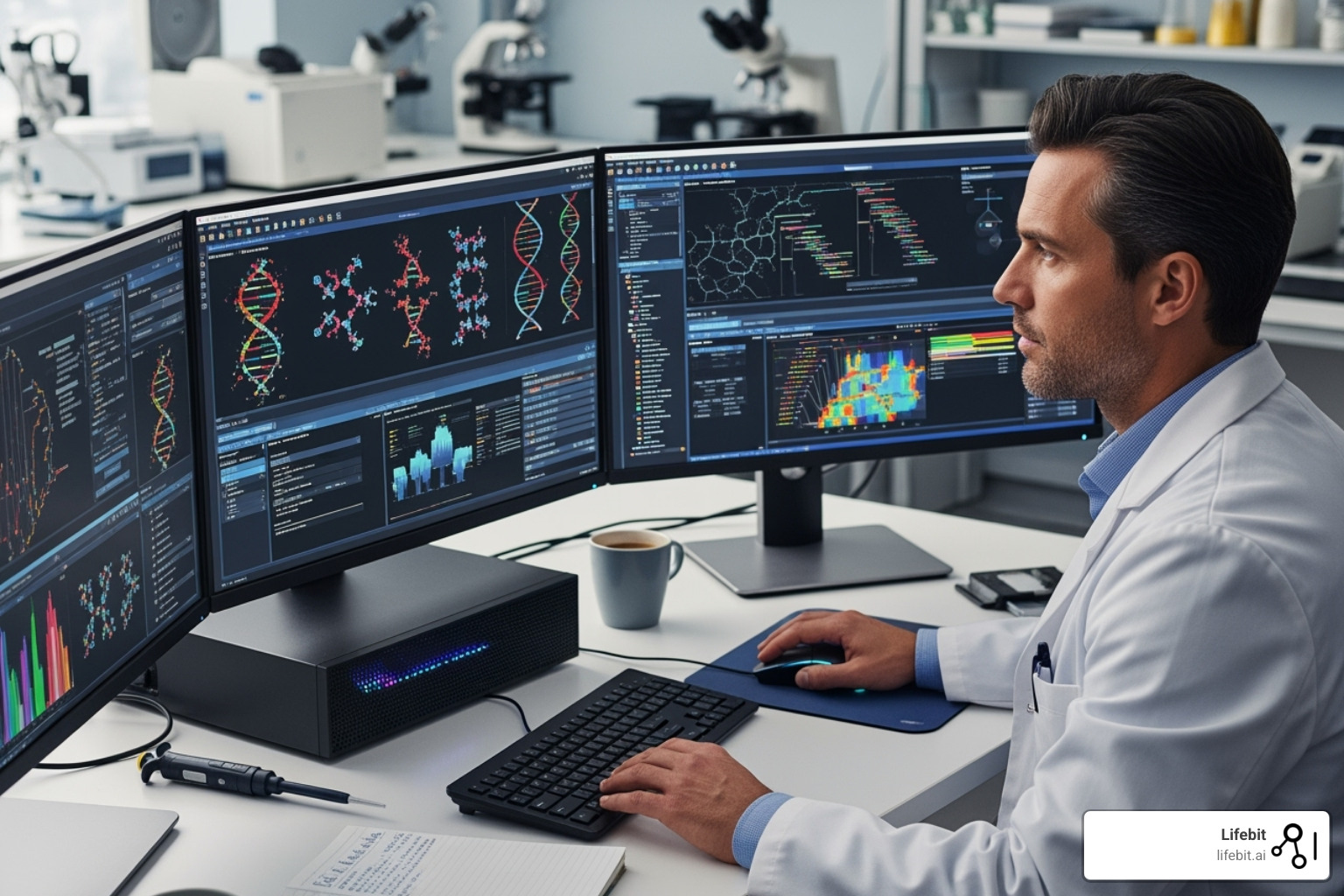 A scientist analyzing complex genomic data on a computer screen, displaying DNA sequences and bioinformatics tools, emphasizing the intersection of technology and biomedical research - clinical research