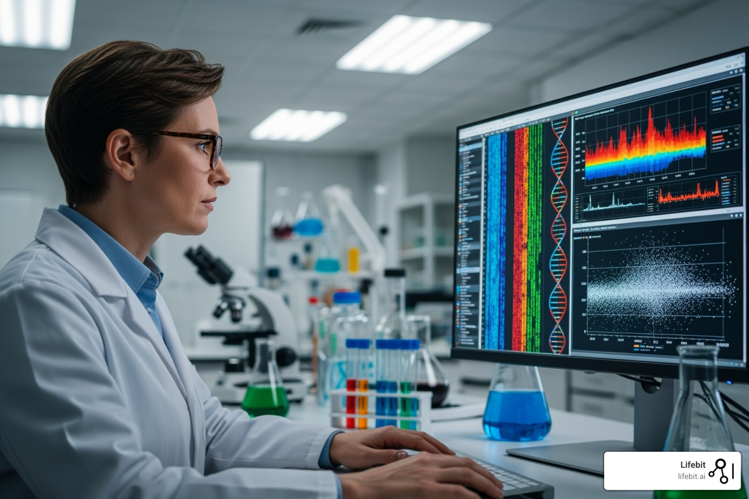 Image of a scientist analyzing genomic data on a computer screen, showing DNA sequences and bioinformatics graphs - next-generation sequencing